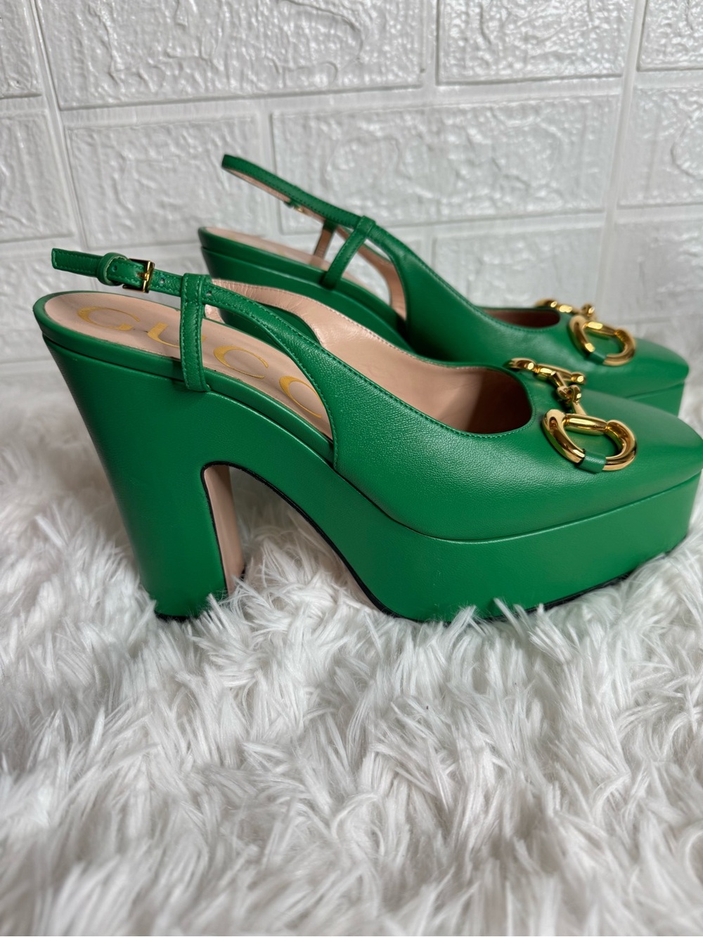 Gucci Green Horsebit Leather Platform Slingback Pumps with Gold Hardware